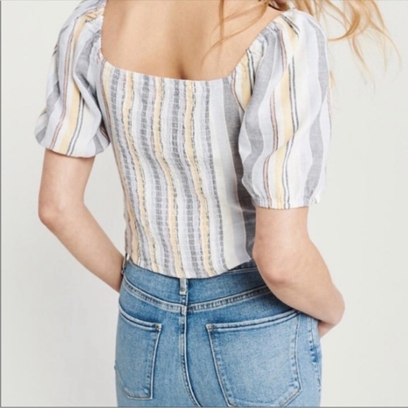 SMALL Abercrombie & Fitch A+F puff sleeve short stripes button smocking balloon - Picture 2 of 5